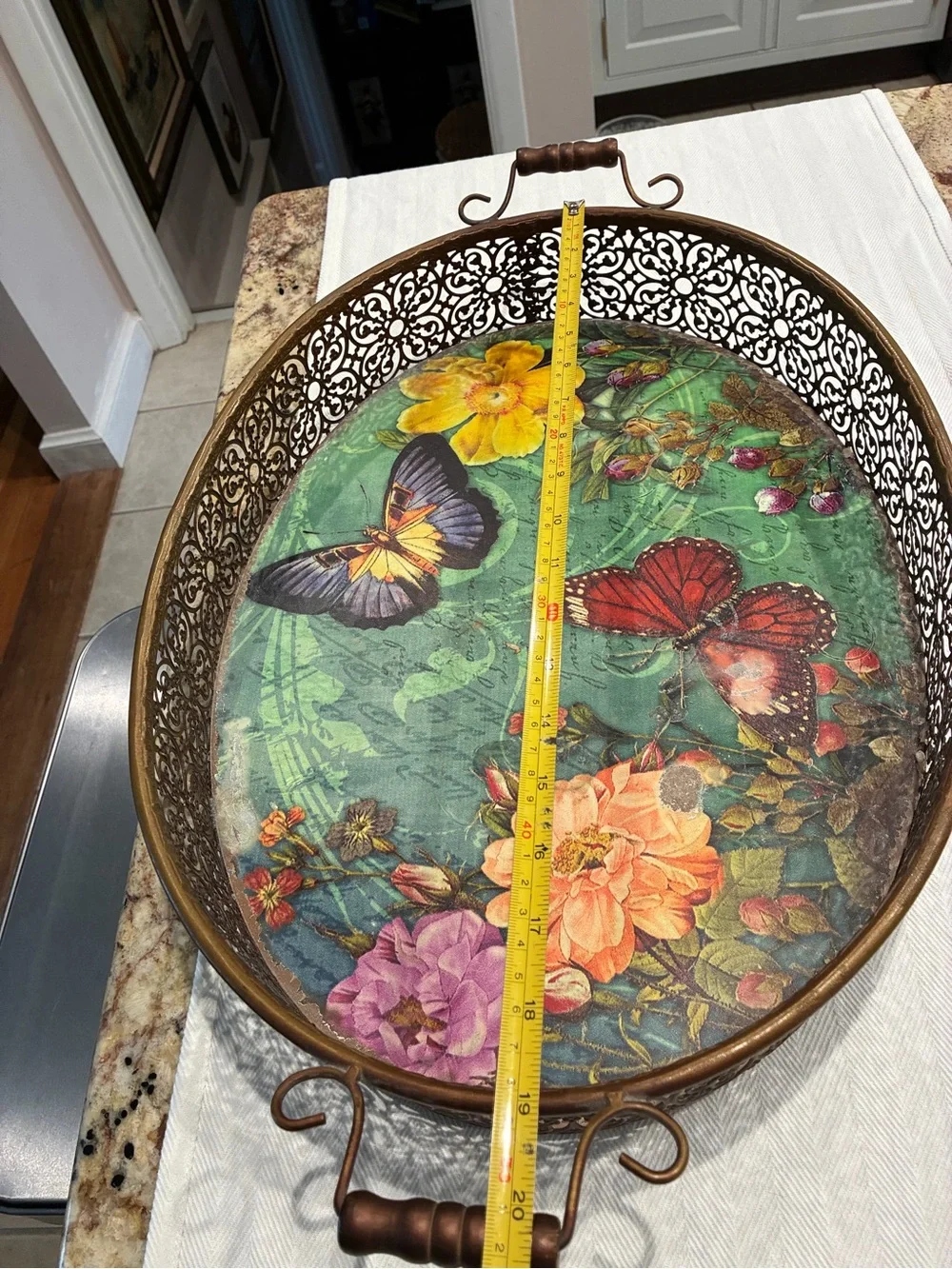 Pier 1 Imports Green Butterfly and Floral Metal Serving Tray